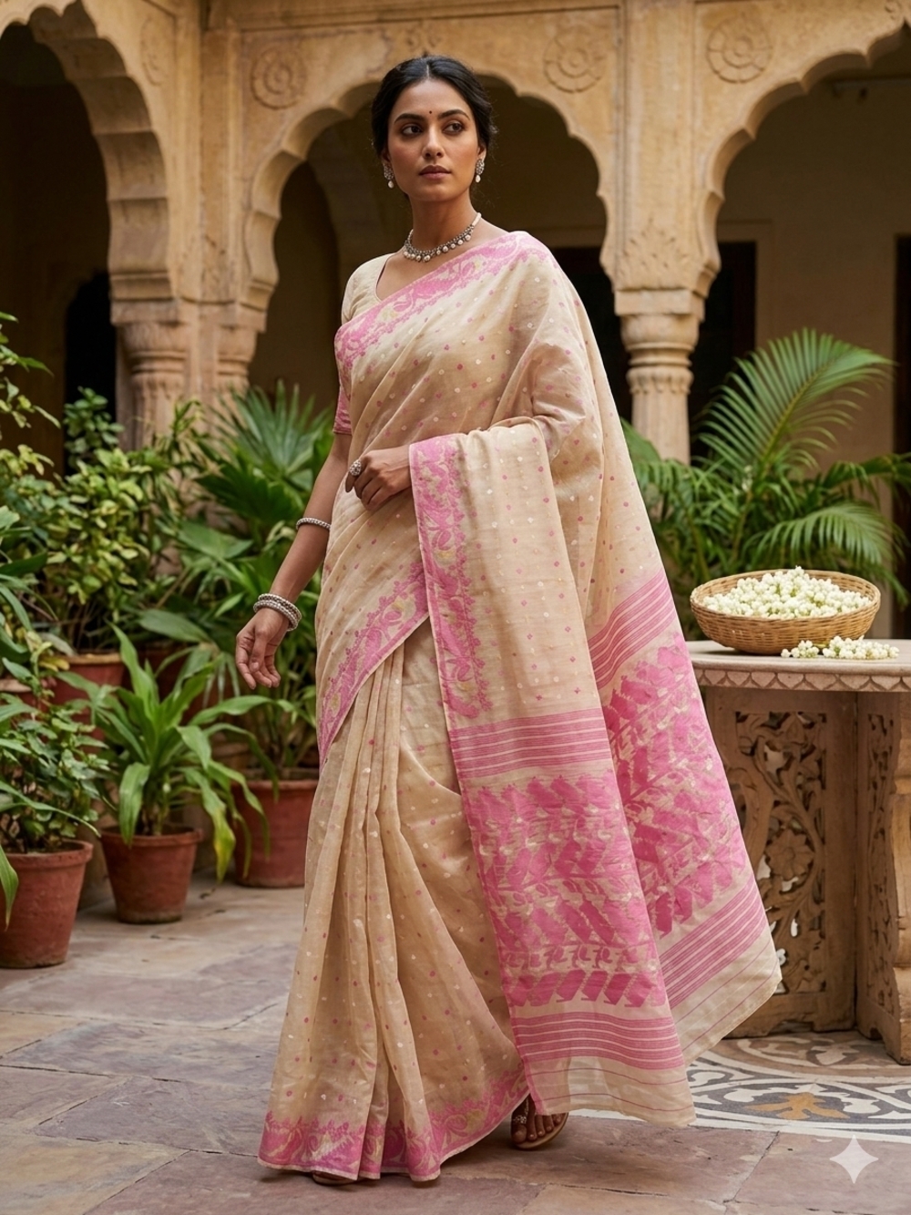 Elegant Pink & Cream Pure Cotton Dhakai Jamdani Saree Handloom Mint Condition